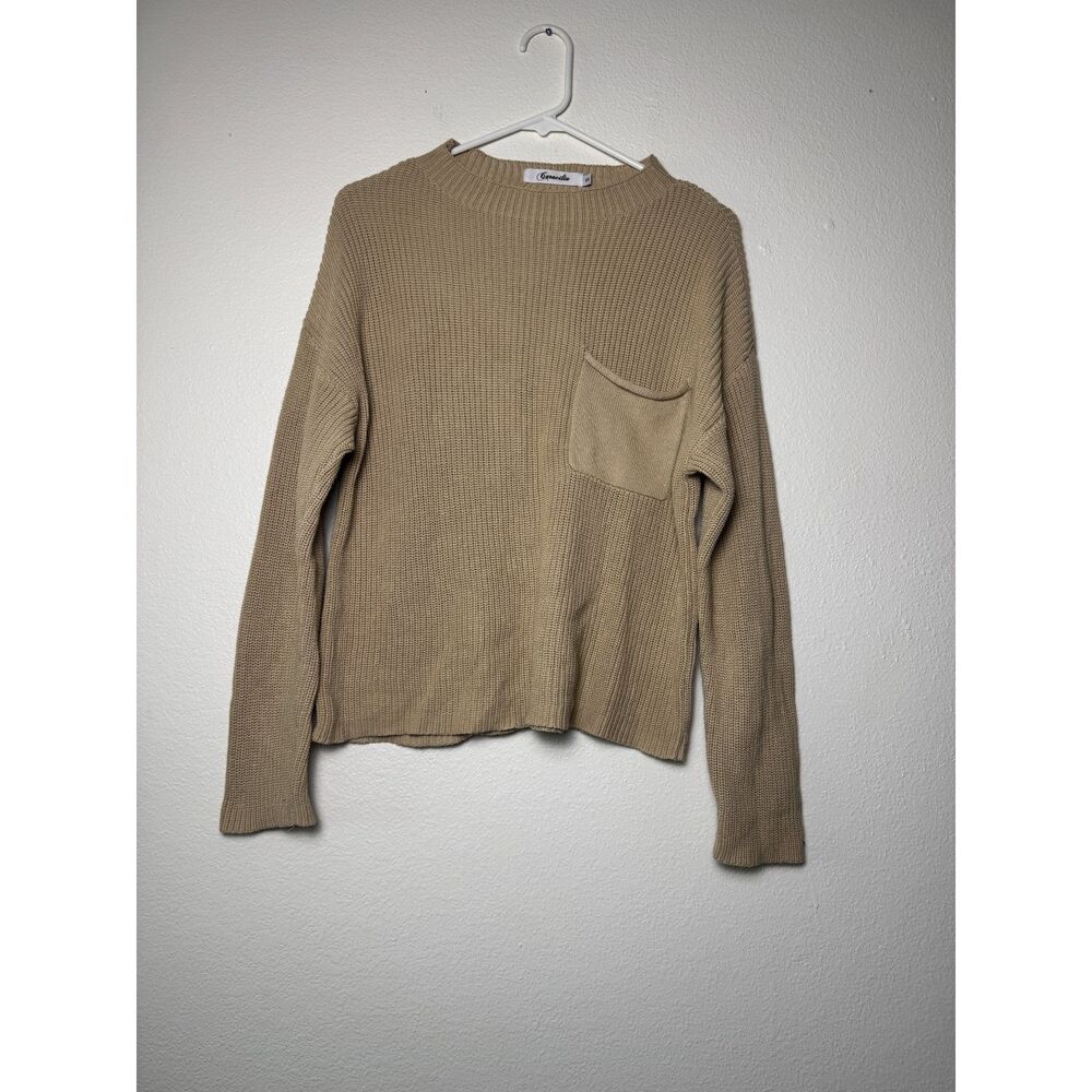 Caracilia Women's S Tan Ribbed Knit Sweater Crew Neck Chest Pocket